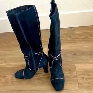 Navy suede boot with pink piping 4 inch heel